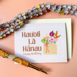 Lauhala Basket with Flowers - Birthday Card